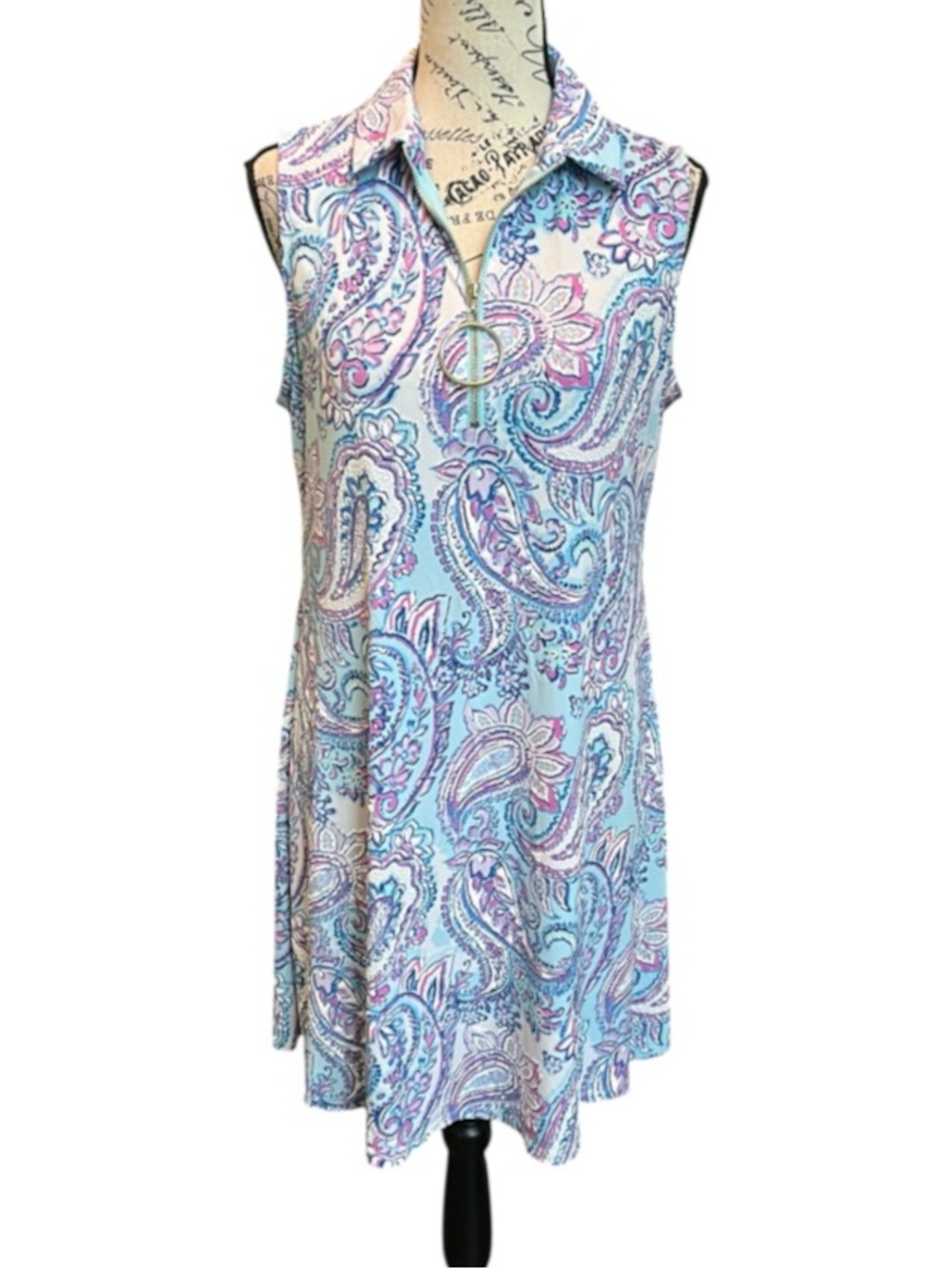MSK Paisley Zip-Front Dress- Blue & Pink